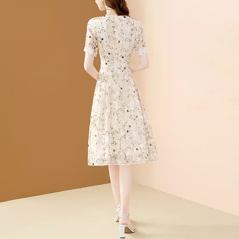 Gaun sifon wanita motif bunga cantik 2024baru gaun A-LINE kantor aprikot elegan leher-o untuk wanita gaun pesta ramping