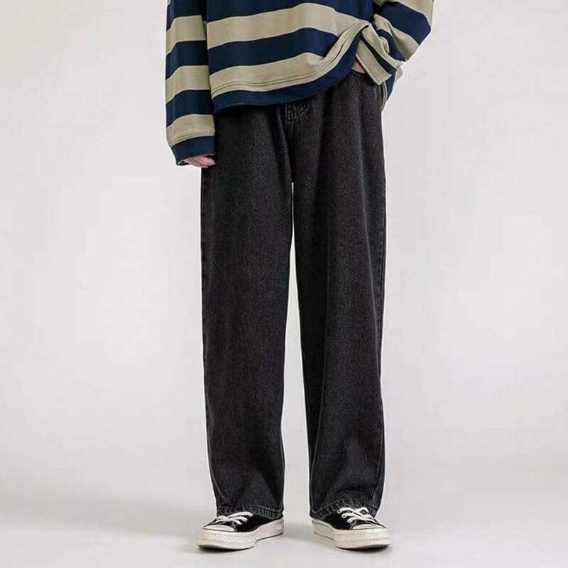 Джинсы мужские с широкими штанинами, уличная одежда в стиле ретро, однотонные удобные длинные штаны из мягкой ткани, на пуговицах, на молнии