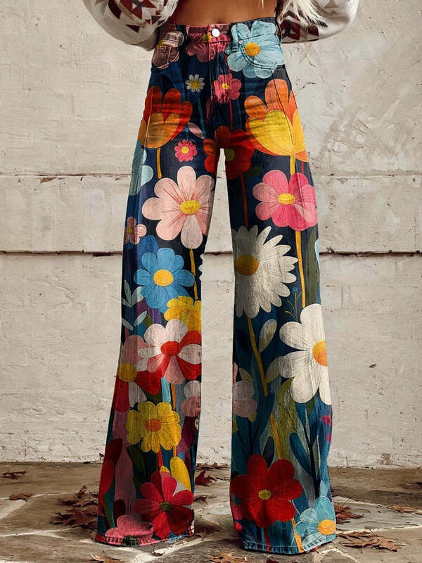 Pantaloni a gamba larga da donna alla moda con design a fiori di girasole per lo shopping quotidiano e pantaloni a gamba larga da uomo casual