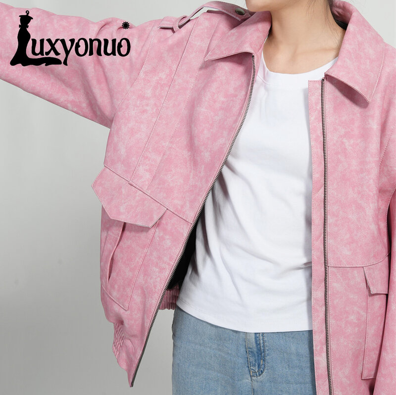 Luxionuo 여성용 리얼 가죽 재킷, 용수철 가을 패션, 느슨한 양가죽 코트, 여성용 봄버 재킷, 2024 여성용 오버코트, 신상