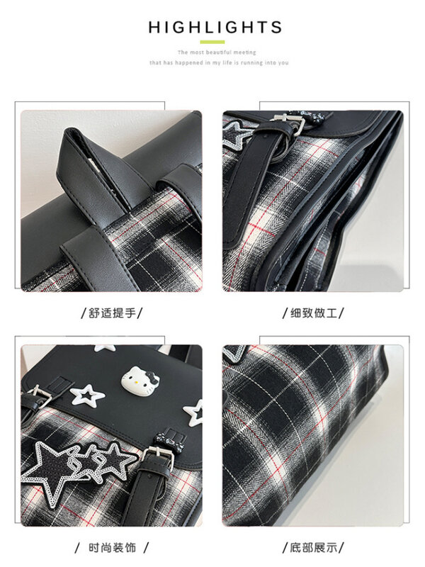 헬로 키티 캠퍼스 대용량 체크 무늬 책가방, Y2K 휴대용 배낭 학생 귀여운 틈새 디자인, 여성용 바느질 배낭
