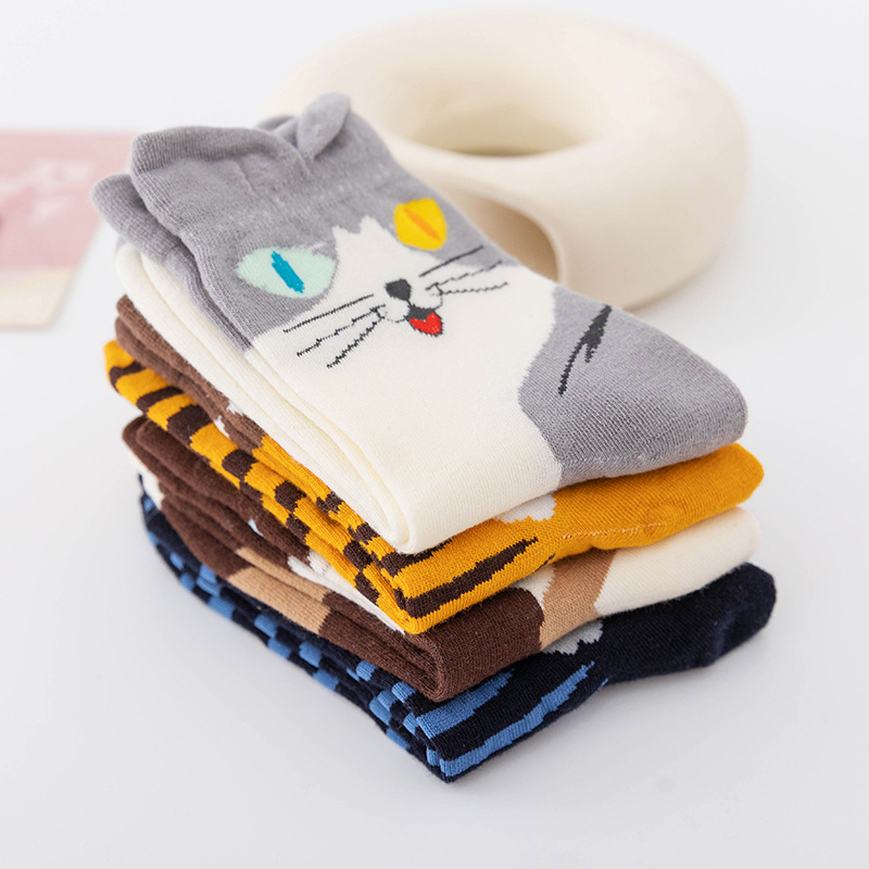 Harajuku Cartoon Cat Socks Women's Cotton Socks Hosiery Spring Summer 3D Kitten Funny Sox Fashion Stockings Clothing Accessories