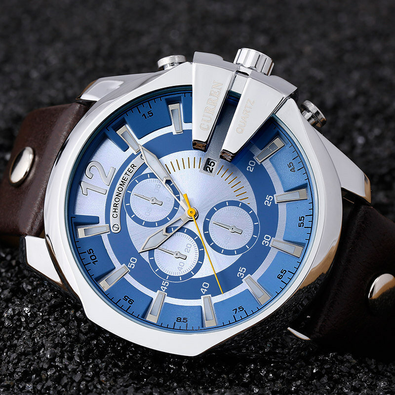 Curren Mens Relógios Top Marca Luxo Ouro Big Dial Man Quartz Watch Leather Strap Outdoor Casual Sport Relógio de pulso Masculino