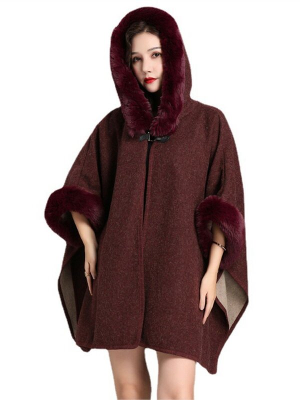 Mantel wanita rajut, mantel wol longgar ukuran besar, mantel ponco rajut, kerah bulu kelinci Rex, musim dingin, elegan, 2024