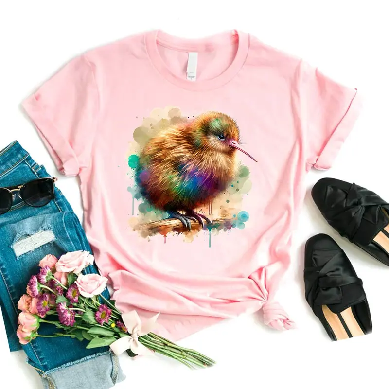 Cute Kiwi Bird Printed Pink T Shirt Girls Funny Kawaii Tshirt donna Summer top Fashion T-Shirt manica corta femminile