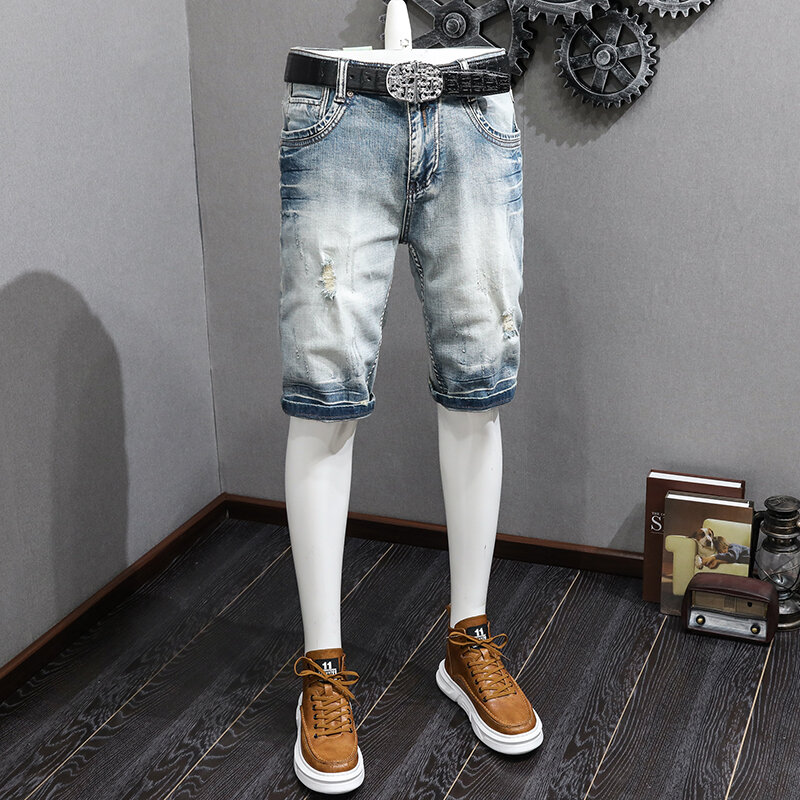 Ripped Denim Shorts Men's Nostalgic Retro Slim Fit Korean Style Street Style Trendy Scrape Personality All-Match Casual Shorts