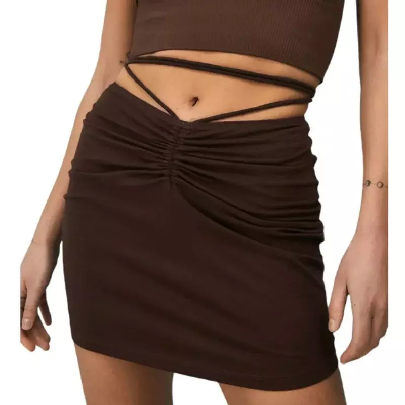 Women Drawstring Wrapped Ruched Slim Stretch Pencil Skirts 2023 Casual High Waist Mini Skirt Tie-up Bottoms Black Ladies Fashion