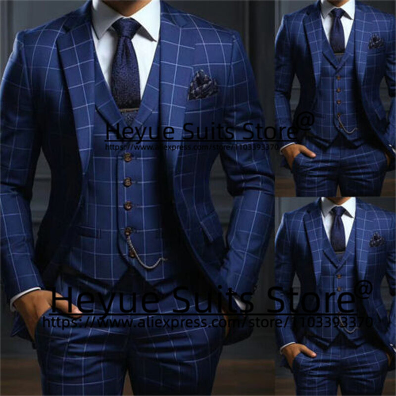 Luxuly Plaid Business Men Suits Slim Fit Notched Lapel Groom Formal Tuxedos 2 Pieces Sets Business Male Blazer Costume Homme