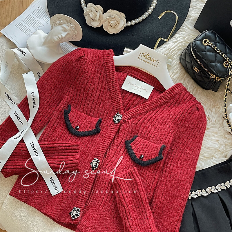 Женская одежда, красный свитер с карманами, V-образным вырезом, длинным рукавом, пуговицами и бусинами, облегающий вязаный кардиган, свитер, вязаная куртка, женские топы