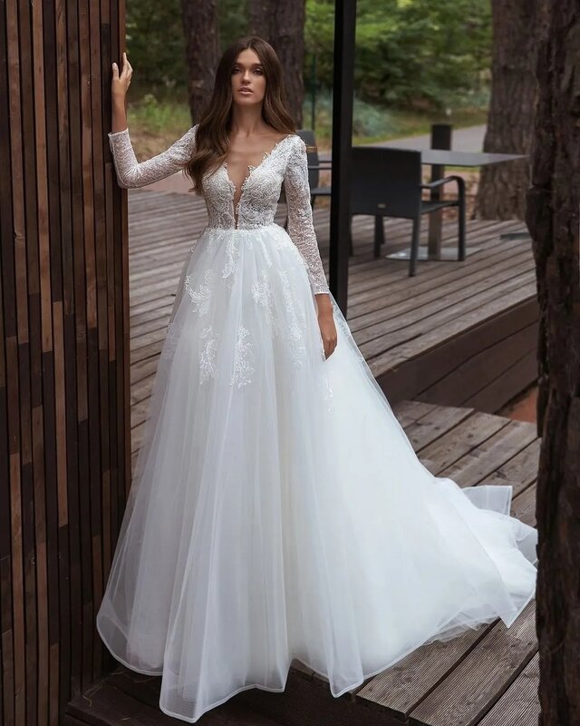 Schönes Kleid V-Ausschnitt Strand Brautkleid lange Ärmel benutzer definierte Schnürung oder Reiß verschluss zurück a-Linie bodenlangen Tüll neues Brautkleid