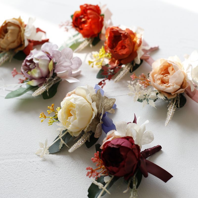 Boutonniere gelang mawar buatan pengiring pengantin korsase pergelangan tangan pengantin gelang bunga mawar untuk dekorasi pesta dansa pernikahan
