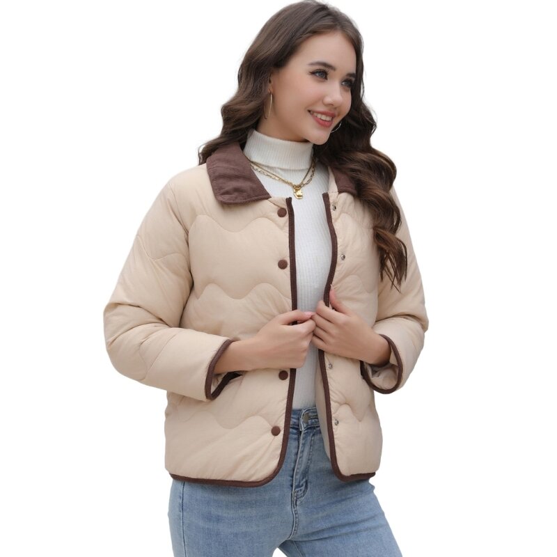 冬のボタンアップルーズ軽量キルティングパファージャケット ポケット付き 女性用 ドロップシップ