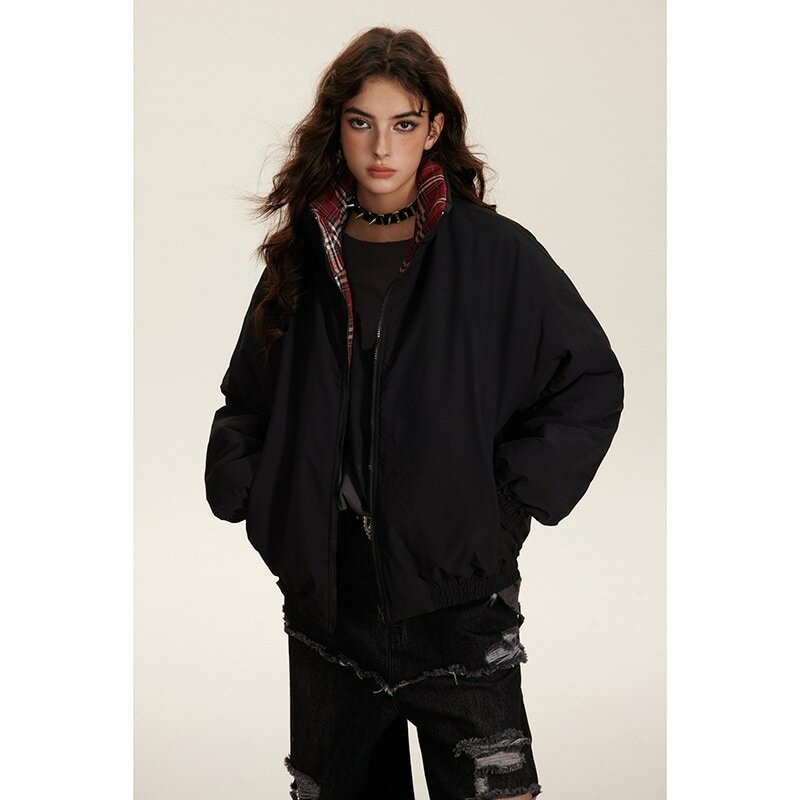 남녀공용 양면 재킷 파카, 크롭 격자 무늬, 두꺼운 스탠드 칼라, 루즈 코트, 스트리트 아우터, 경량, 겨울, 신상