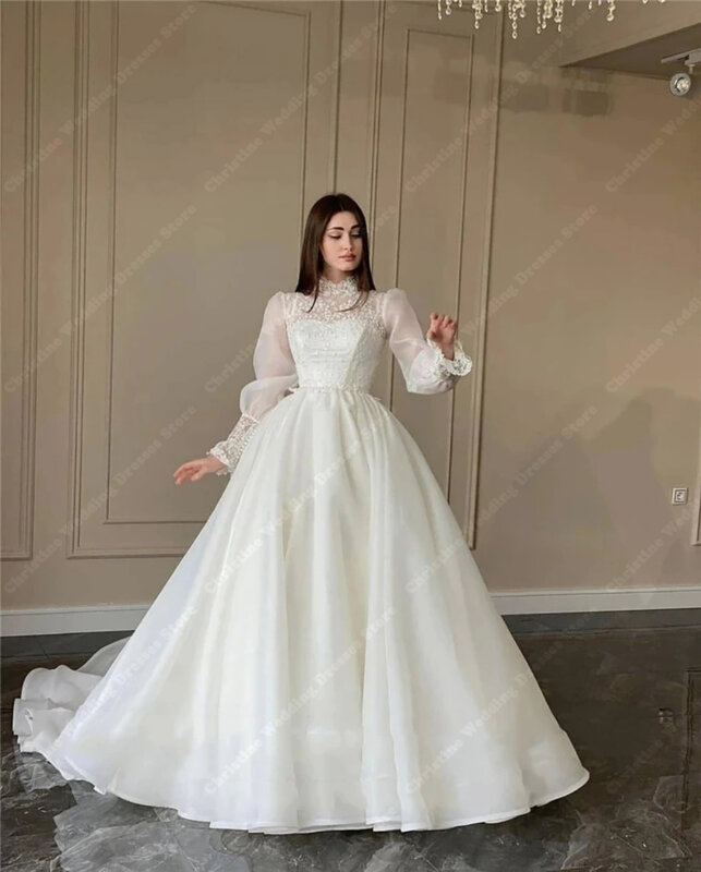Long Fluffy Sleeves Wedding Dresses A-Line Gowns High Collar A-Line Lmperial Banquet Large Skirt Lace Embroidery Hem Boho Bridal