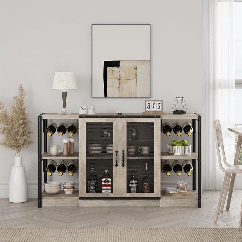 Industrial Wine Bar Cabinet for Liquor and Glasses, Home Bar Furniture w/ Storage & Wine Rack, for Dining Room, Kitchen (Grey)