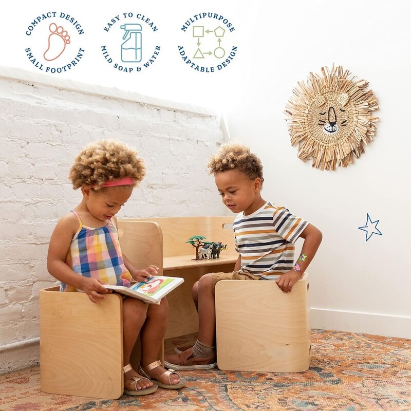 Set tavolo e sedia multiuso in legno curvato, mobili per bambini, naturali, 3 pezzi