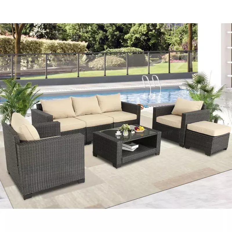 7 Pieces Patio Furniture Sets Outdoor Rattan Wicker Conversation Sofa Garden Sectional Sets With Washable Garden Furniture Sets
