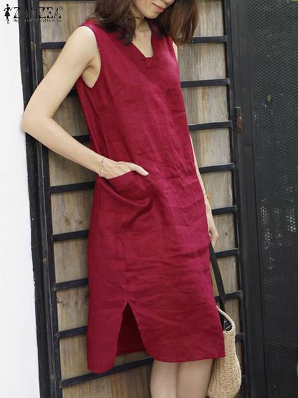 ZANZEA-Robe longue vintage à col en V pour femmes avec poches, robe fendue, été, vacances, décontracté, 2024