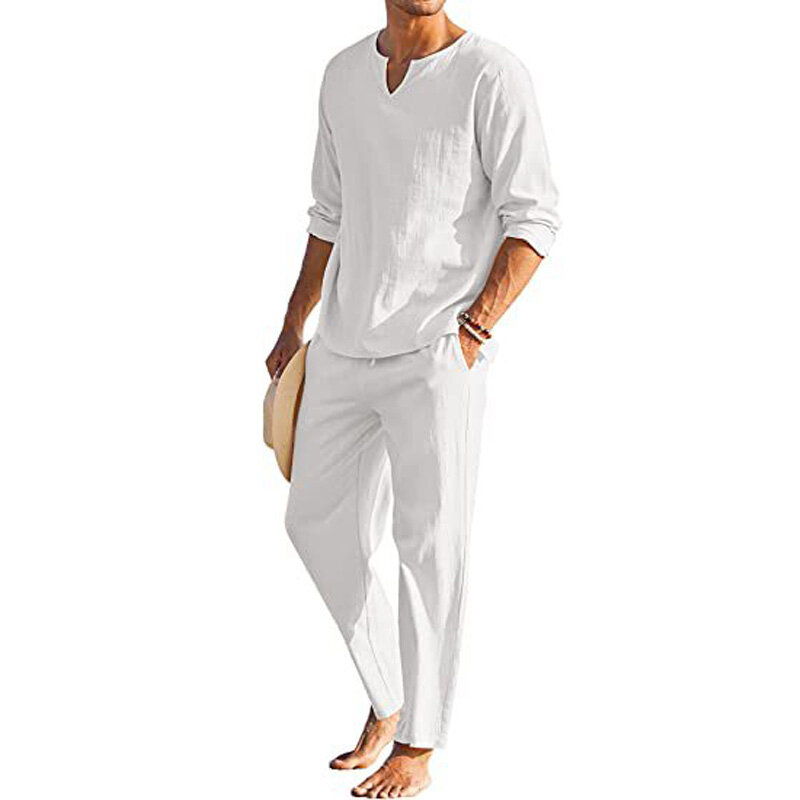 Traje informal de lino para hombre, camisa de Color sólido, pantalones de algodón elásticos con bolsillo, novedad de 2024