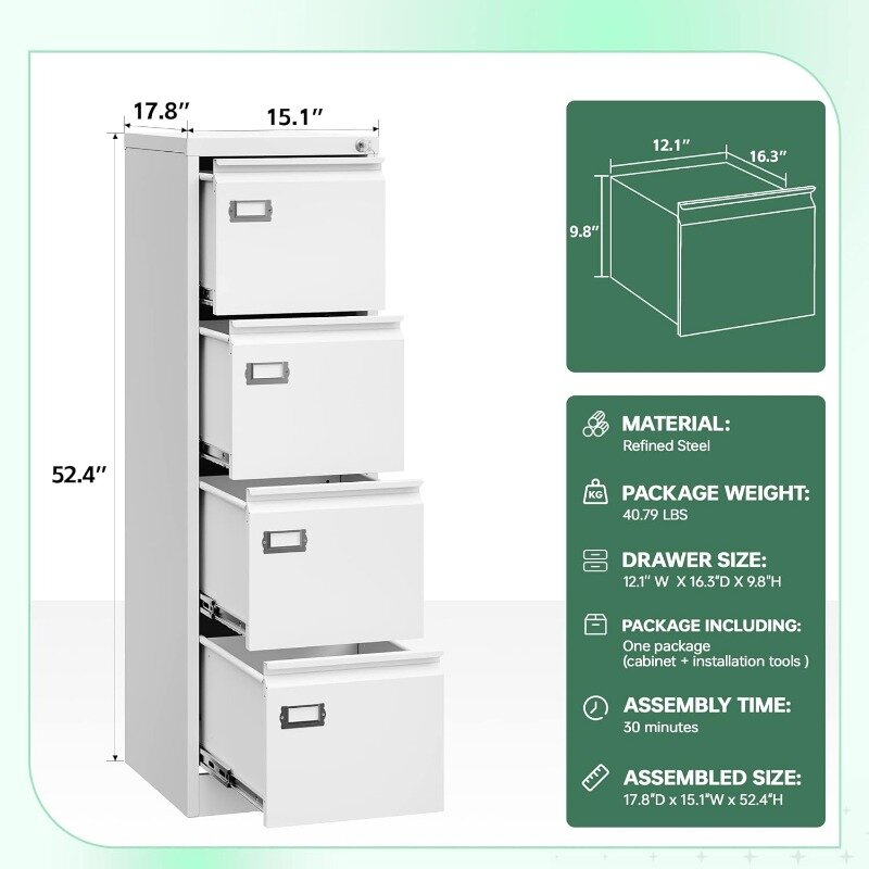 Letaya 4 Drawer File Cabinet,Metal Vertical Filing Cabinets with Lock,Storage A4/F4/Letter/Legal