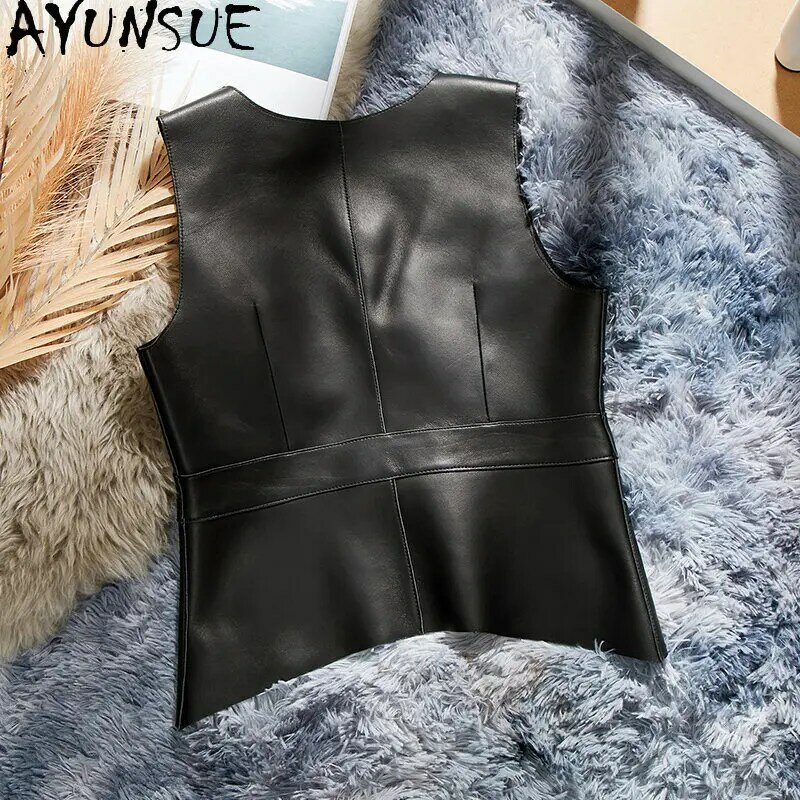 AYUNSUE 여성용 진짜 양가죽 민소매 재킷, V넥 가죽 재킷, 슬림 조끼, 한국 패션, 2023