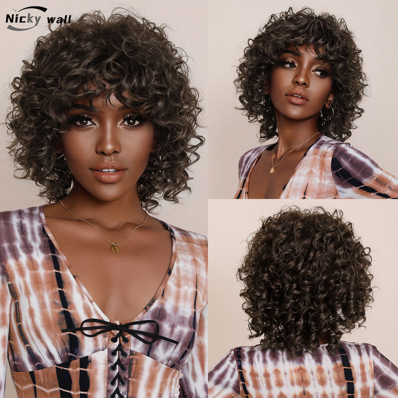 Krótkie luźne peruki z kręconymi włosami dla czarnych kobiet peruka Afro żaroodporne peruki syntetyczne puszyste naturalne pół peruki miękkie włosy Party codziennego użytku