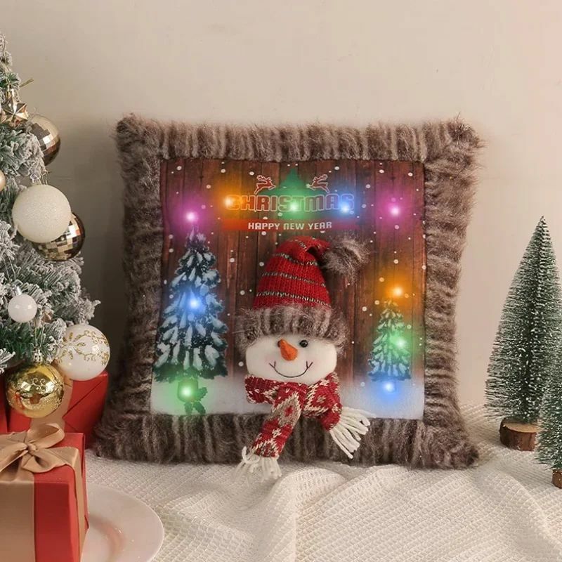 Sarung bantal Cahaya natal Santa Elk manusia salju cahaya sarung bantal ruang tamu Sofa Led mewah Natal sarung bantal pelukan bercahaya