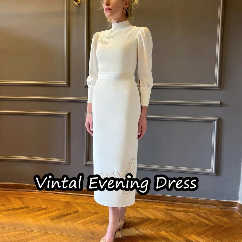 Vindal Tea Length Evening Dress ALine Elegant Crepe Ruffle Prom Dresses 3/4 Sleeves Scoop Neckline Built-in Bra  For Woman 2024