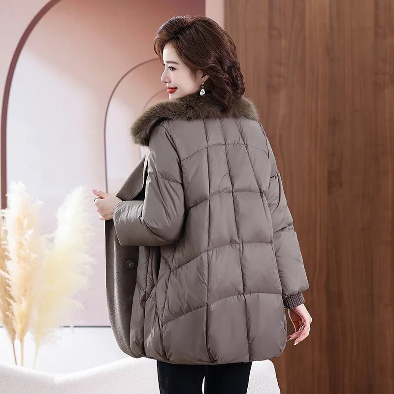 White Duck Down Down Jacket For Women In Winter, New Patchwork Woolen Coat, Fashionable Mid Length Down Jacket