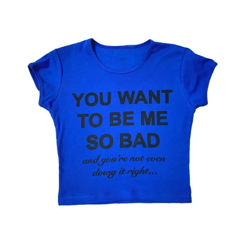 Camiseta azul Punk con estampado de letras para mujer, camiseta delgada Grunge Vintage, ropa gótica Emo para niña, Tops cortos sexys