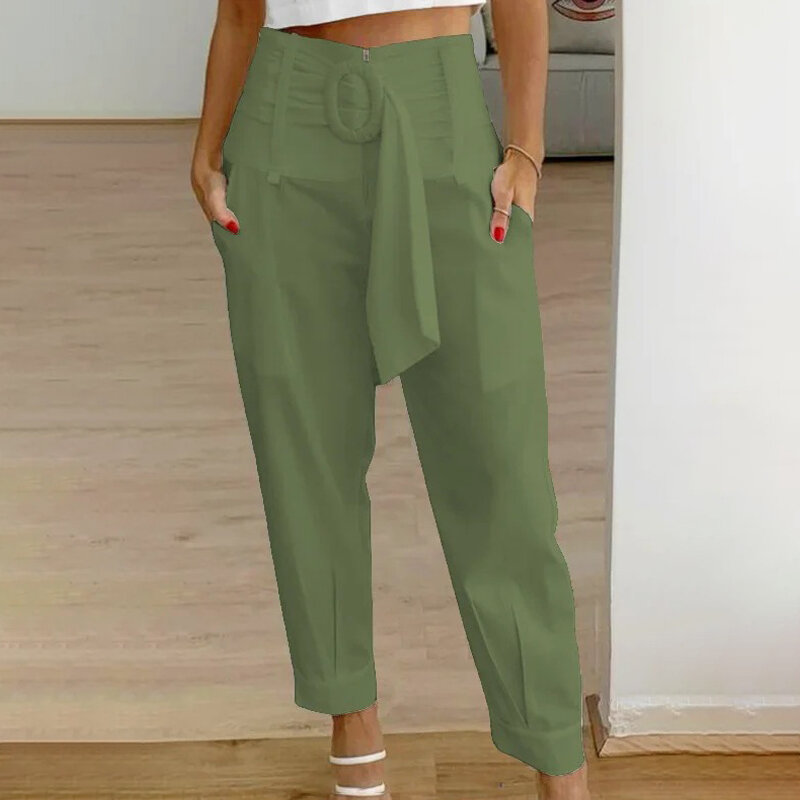 Women Trousers Spring Summer New Casual Straight High Waist Pocket Crop Pants Fashion Solid Color/Print Office Lady Harem Pants