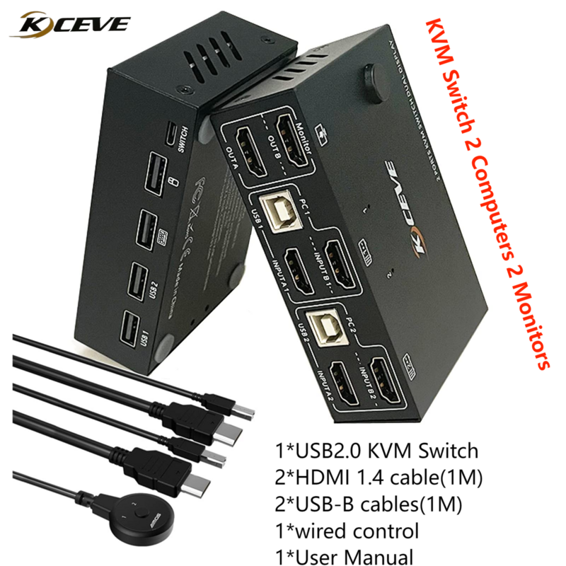 KVM Switch-2 monitores, 4K @ 30Hz, Dual Monitor, HDMI, USB2.0, teclado de PC, conmutador de ratón, admite copia y pantalla extendida