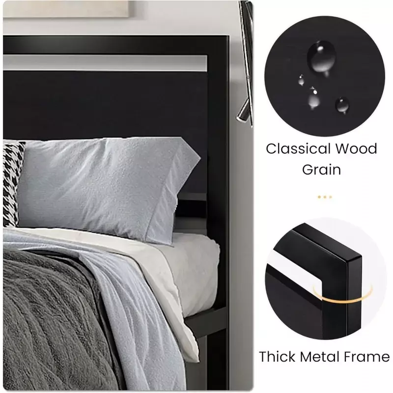 إطار سرير بحجم SHA CERLIN Queen مع لوح أمامي خشبي حديث ، منصة للخدمة الشاقة ، لوح قدم مربع معدني وam
