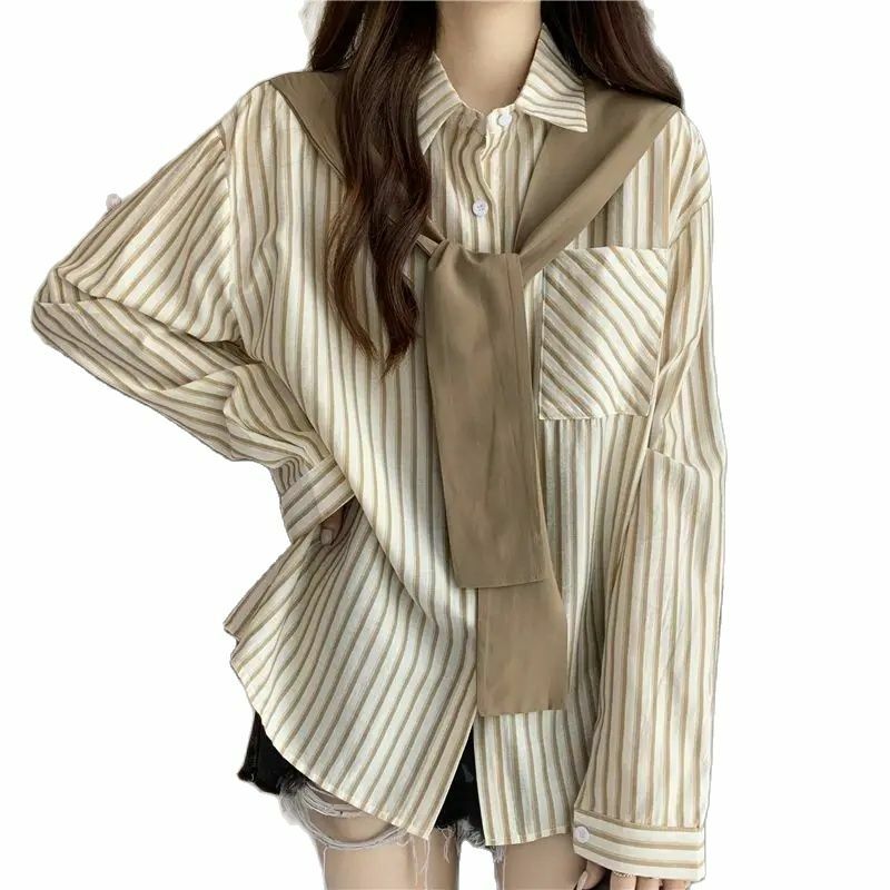 Women Stripe Shirt Autumn Korean New Polo Neck Commuter Fashion  Button Pocket Cloak Spliced Casual Versatile Long Sleeved Tops