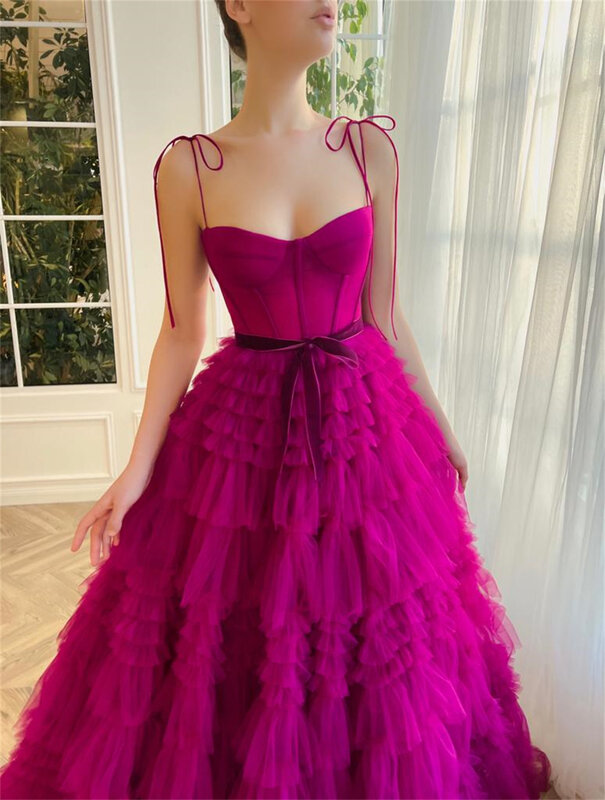 Sansa Sexy Spaghetti Strap Fuchsia فساتين السهرة Multilayer Tulle A-line Prom Dress Princess Puffy Vestidos De Noche