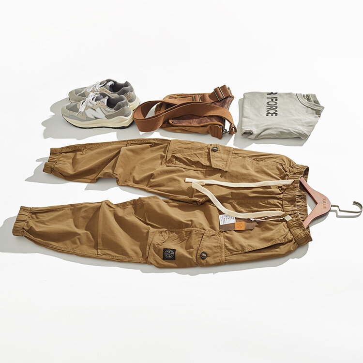Calças de carga com vários bolsos para homens, 98% algodão, elástico lavado na cintura, calças casuais retas amarradas no tornozelo, outono