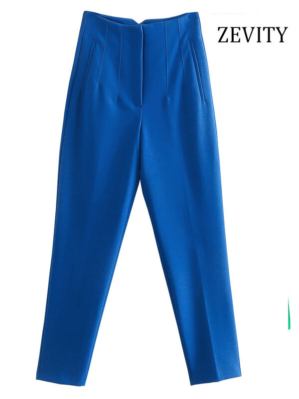ZEVITY-pantalones de cintura alta con cremallera para Mujer, calzas con bolsillos delanteros, a la moda, Vintage, P1