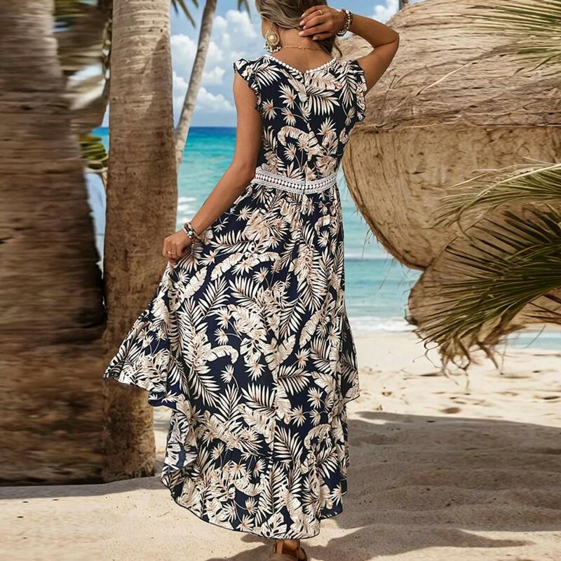 Women Elegant Summer Vacation Dress V Neck Hollow Out Waist Irregular Print Sleeveless Loose Beach Boho Dress Casual Maxi Dress