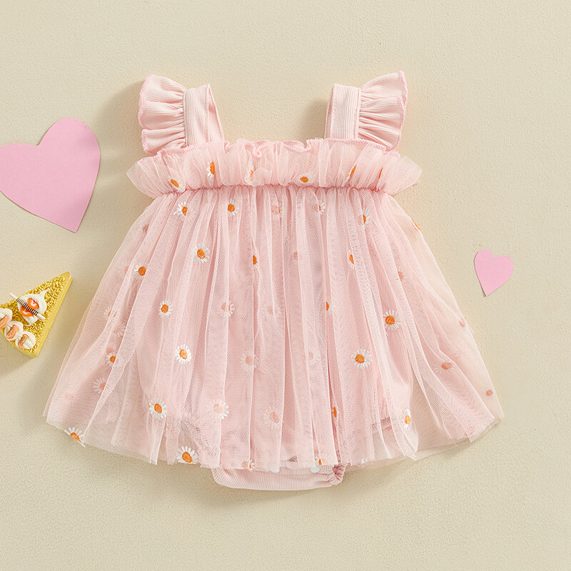 Baby Girl Mesh Romper Dress Cute Daisy Embroidery Square Neck Fly Sleeve Frill Trim Jumpsuit Infant Toddler Girl Summer Clothes