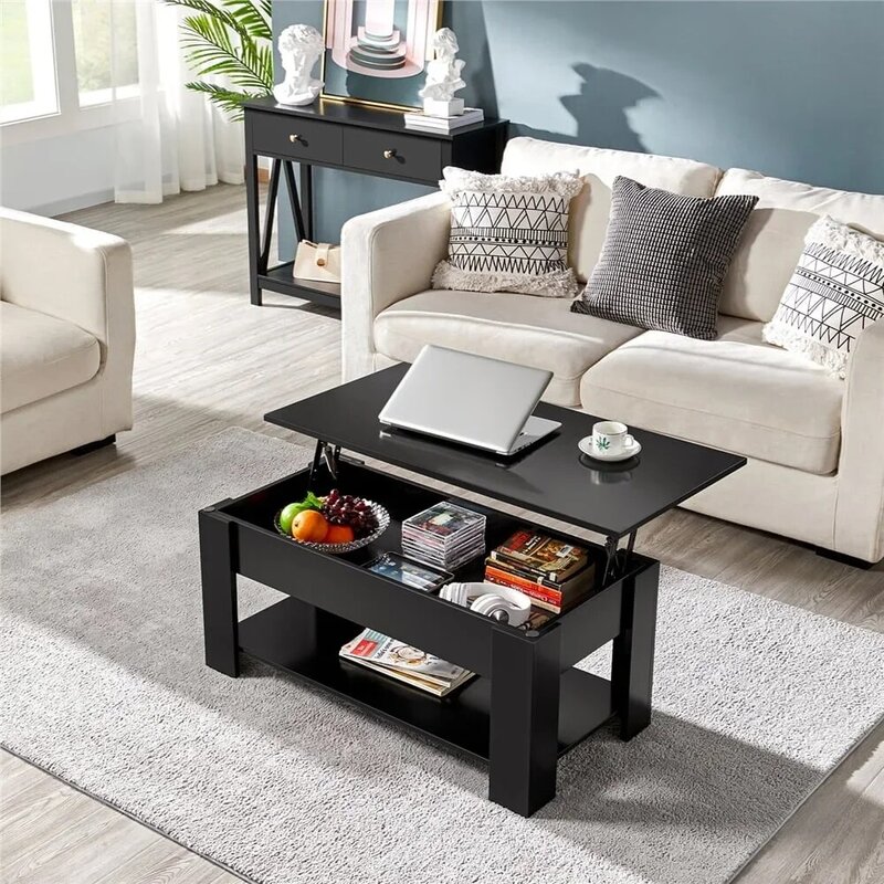 SmileMart 38.6" Modern Wood Lift Top Coffee Table with Lower Shelf, Black