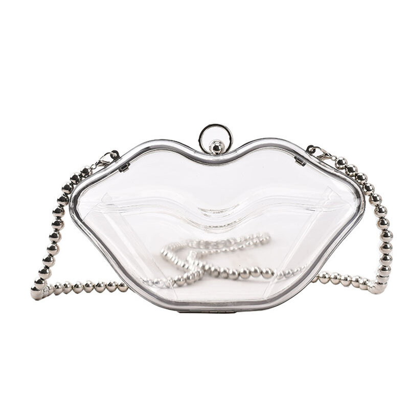 Bolso cruzado de PVC para mujer, bolsa de mano con forma de labios, cadena de cuentas, bandolera transparente, bolso de hombro, monedero para teléfono