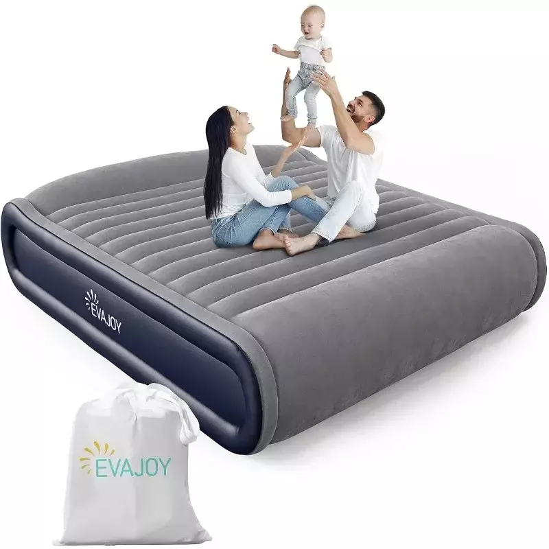Queen Inflatable Air Mattress with Built in Pump, 17'' Double High Airbed Headboard, Comfort Blow Up Flocked Top