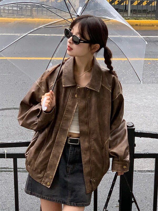 New Fall Winter Womwn American Vintage Pu Coat Zip Up Faux Leather Old Money Bomber Jacket Classical Oversize Outwear Aesthetic