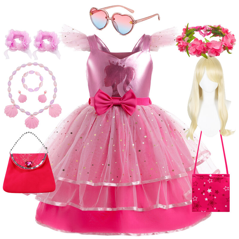 Princess Girls Rosy Movie Tutu Dress for Girl Letter B Birthday Party New Year Christmas Costumes Margot Ken Robbie