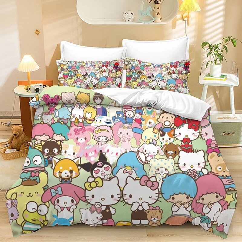 Sanrio Duvet Cover Set Hello Kitty Bedding Set Cartoon Cinnamoroll Quilt Cover Pillow Cover Bedroom Decor Twin Queen King Size