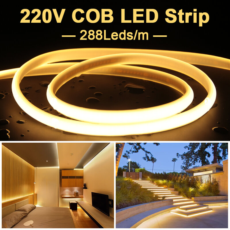 288 Leds/M Cob Led Strip Licht 220V Zachte Flexibele Tape IP65 Waterdicht Met Eu Power Plug 1-50M Voor Tuin Verlichting Decoratie
