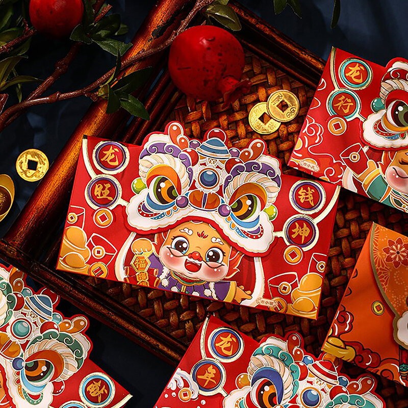 Envelopes vermelhos do ano novo chinês, dragão, festival da primavera, bolsos de dinheiro, pacotes sortudos do casamento, festival da primavera, desenhos animados, 4 pcs, 2024