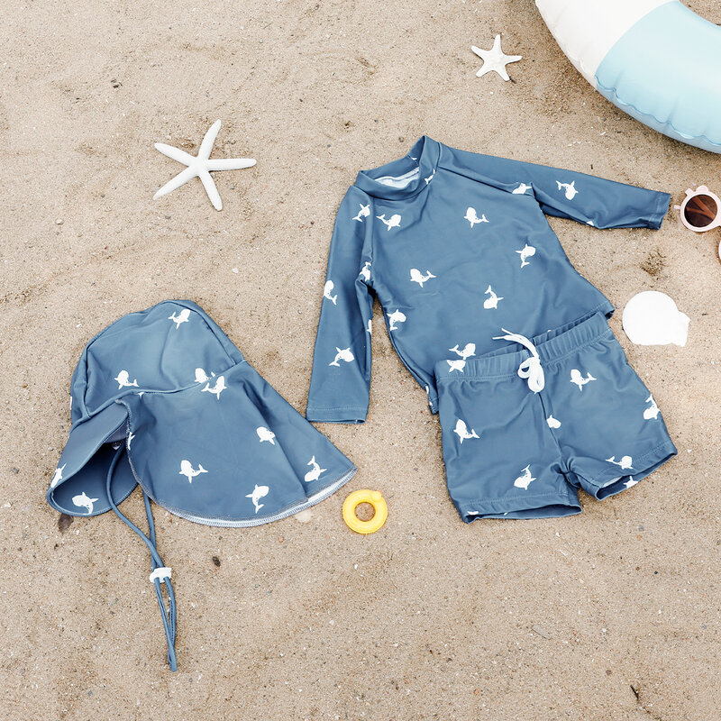 HappyFlute Set baju renang liburan anak-anak, Set 3 potong lengan panjang dengan topi matahari dapat bernafas & tabir surya musim panas untuk anak laki-laki