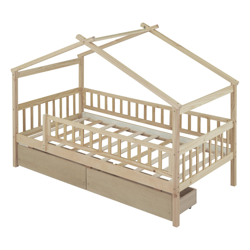 Twin Size Wooden House Bed with Two Drawers