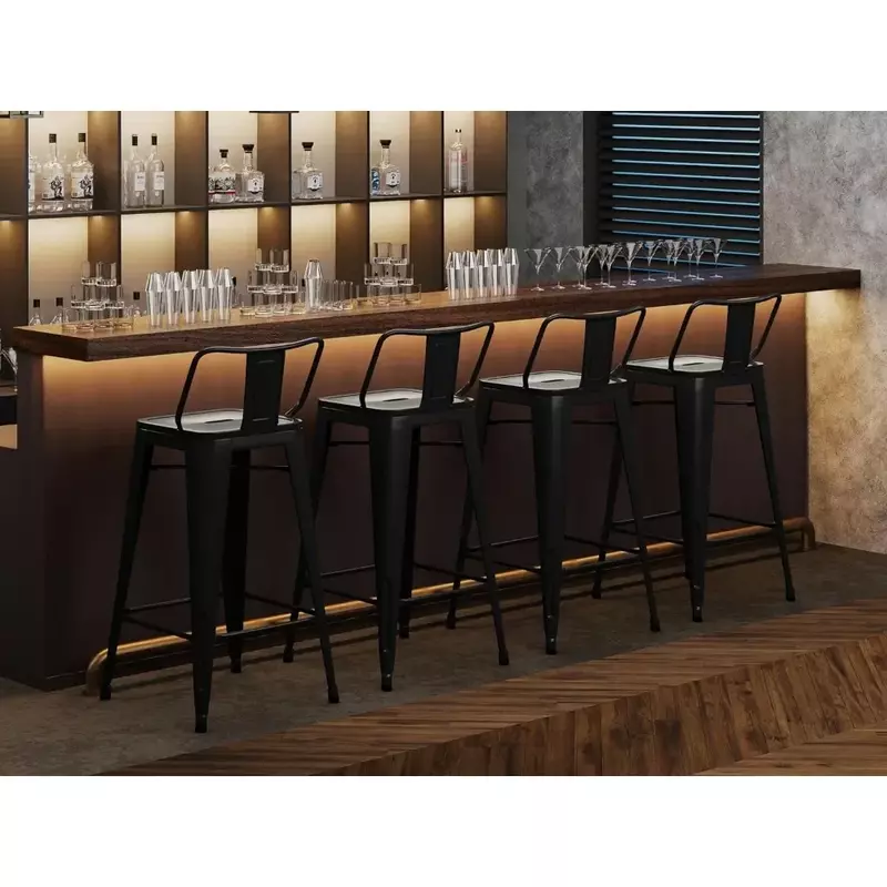 Juego de muebles de Café, Taburetes de Bar industriales con soporte x-brace, color negro mate, 4 taburetes de Metal